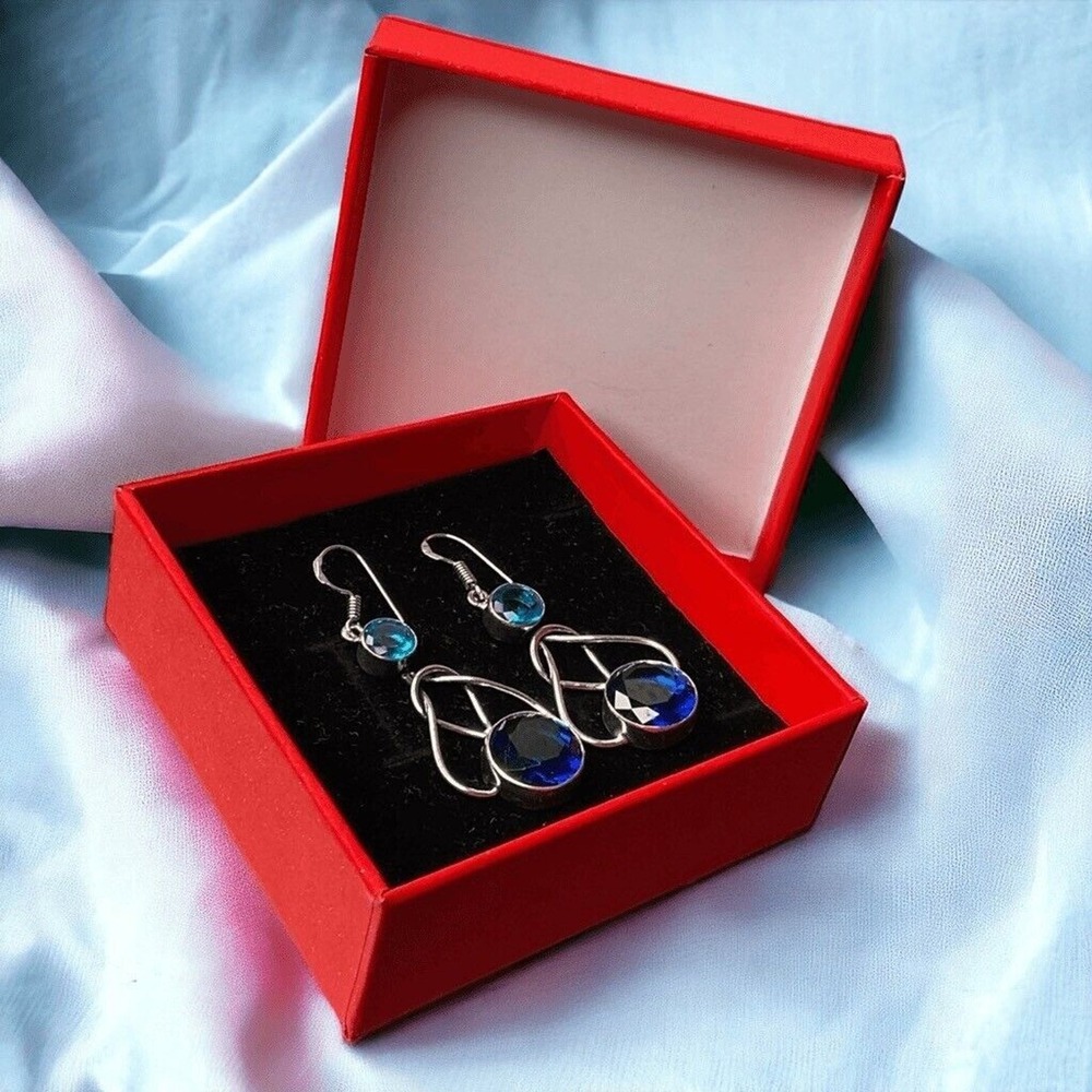 NWOT Handmade Silver Clear Tanzanite Blue Topaz Drop Dangle Earrings Women 2.24"